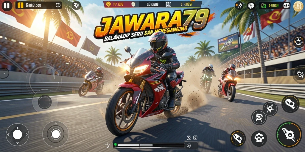 Gameplay seru dan mendebarkan di JAWARA79 saat balapan motor.